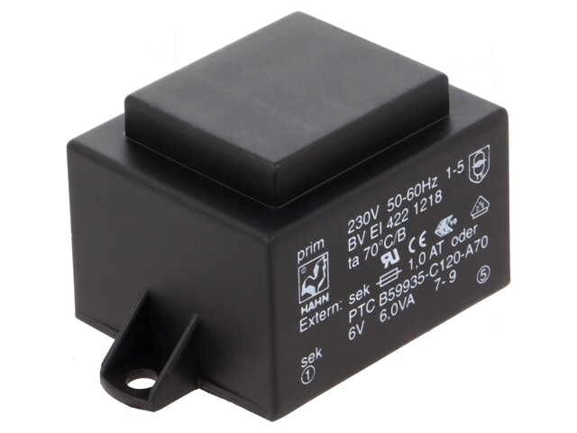 Transformator: ingegoten; 6VA; 230VAC; 6V; 1A; PCB; BVEI Transformator: ingegoten; 6VA; 230VAC; 6V; 1A; PCB; BVEI